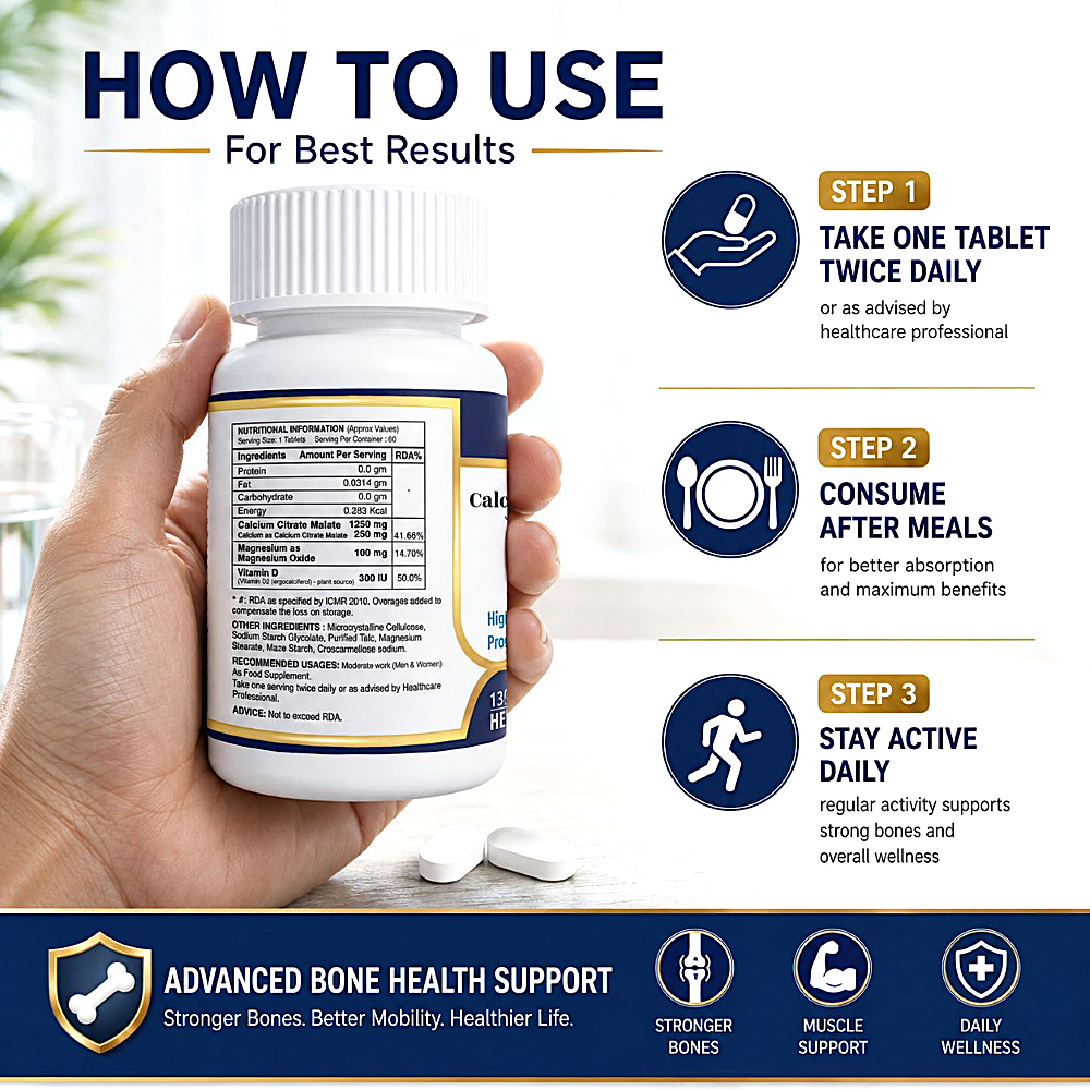 Anjix Calcium Citrate Malate 1250mg + Magnesium + Vitamin D2 | Bone & Joint Support | 60 Tablets