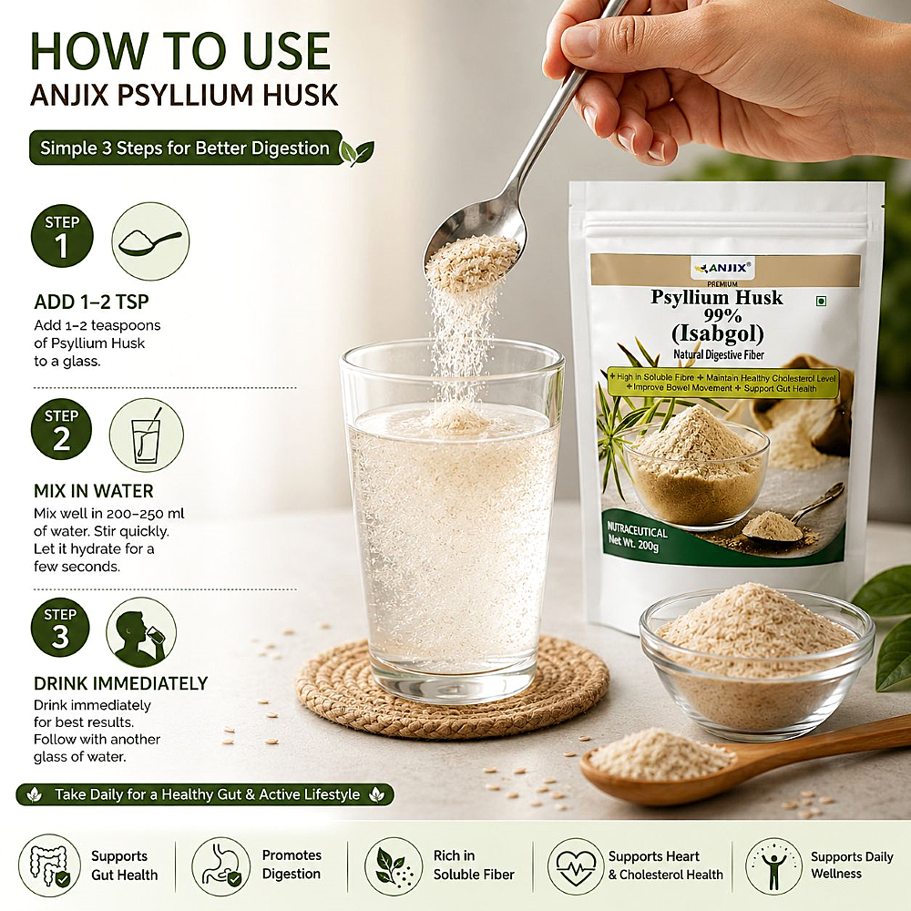 Anjix Psyllium Husk (Isabgol) 99% – 200 gm | Natural Digestive Fiber Powder