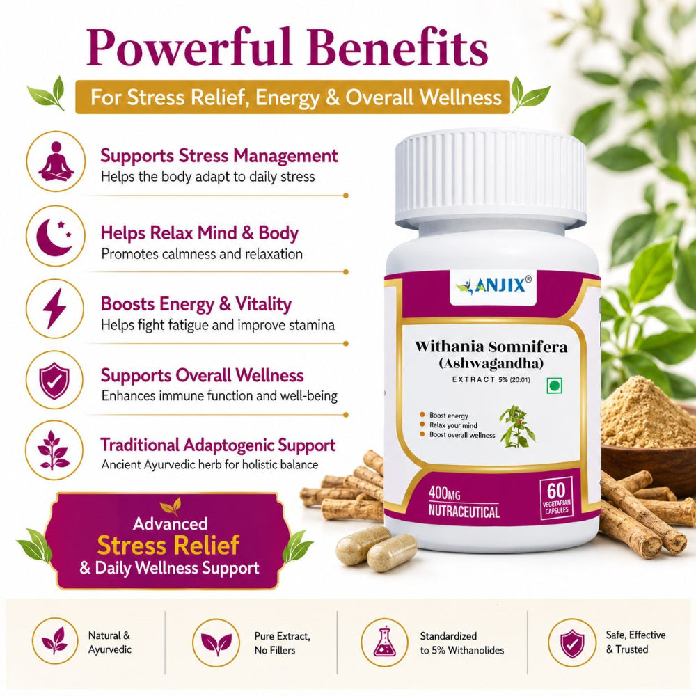 Anjix Ashwagandha 400 mg | 5% Withanolides | Veg Capsules | Stress Relief, Energy & Immunity