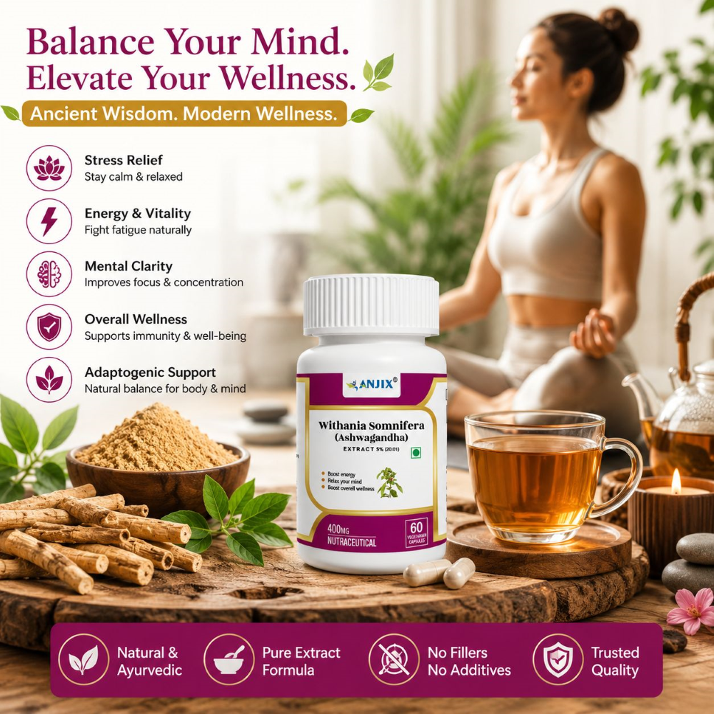 Anjix Ashwagandha 400 mg | 5% Withanolides | Veg Capsules | Stress Relief, Energy & Immunity