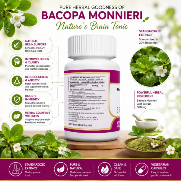 Anjix Bacopa Monnieri ( Brahmi) | 500mg Capsules | Memory & Focus Booster