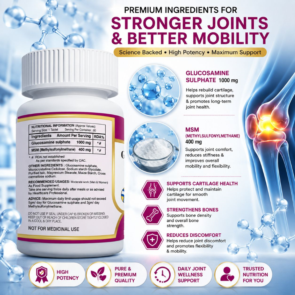 Anjix Glucosamine Sulphate 1000mg + MSM 400mg | Joint Pain, Knee Cartilage Support | 60 Capsules