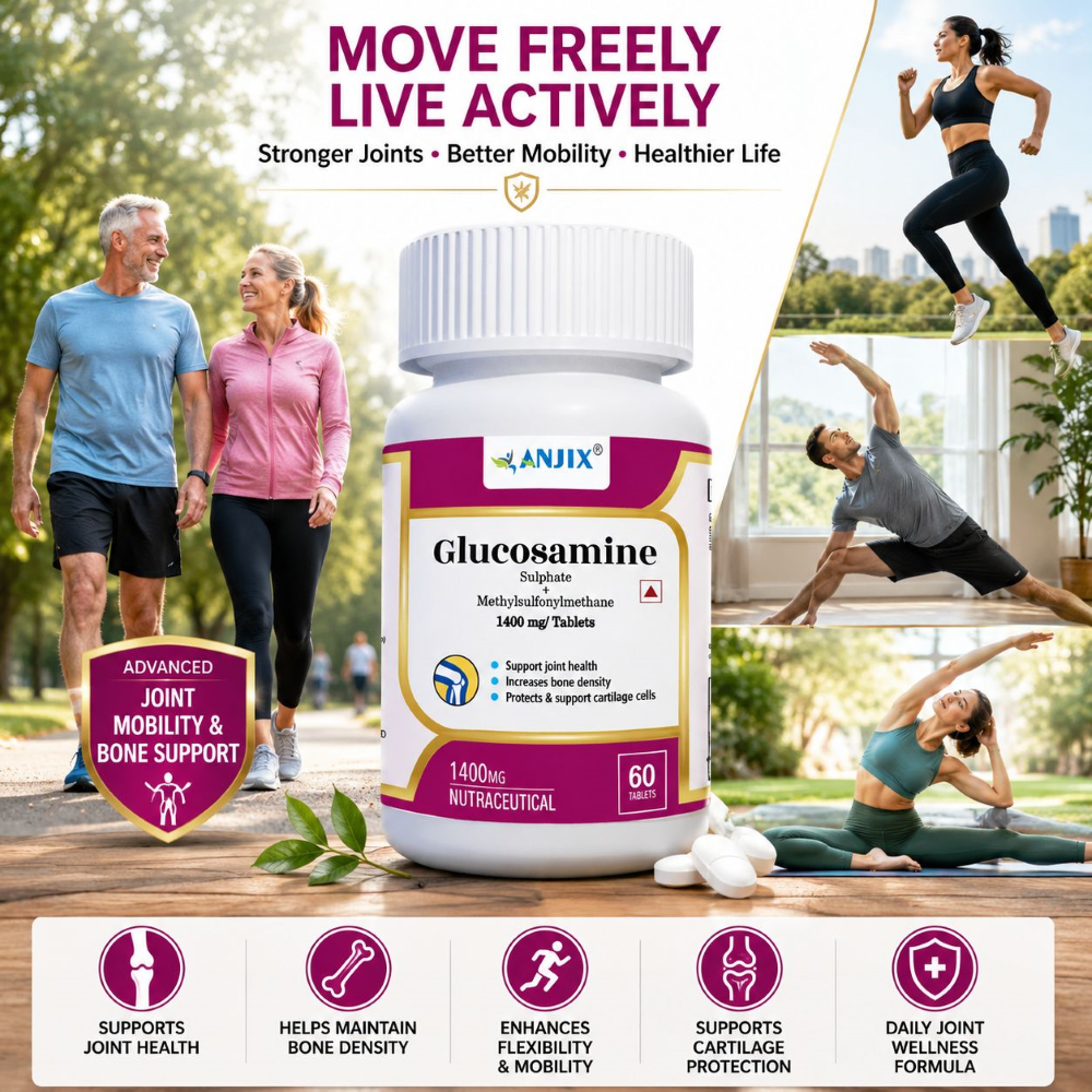 Anjix Glucosamine Sulphate 1000mg + MSM 400mg | Joint Pain, Knee Cartilage Support | 60 Capsules