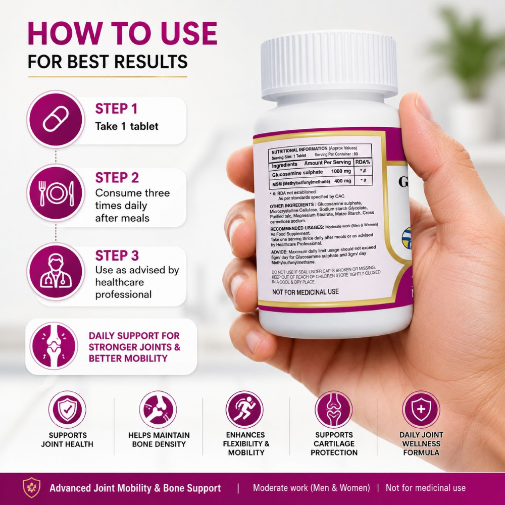 Anjix Glucosamine Sulphate 1000mg + MSM 400mg | Joint Pain, Knee Cartilage Support | 60 Capsules