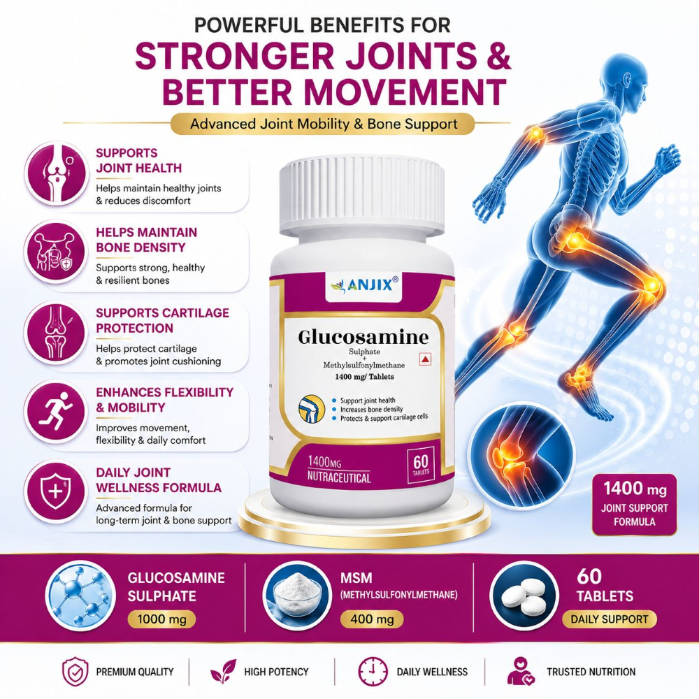 Anjix Glucosamine Sulphate 1000mg + MSM 400mg | Joint Pain, Knee Cartilage Support | 60 Capsules