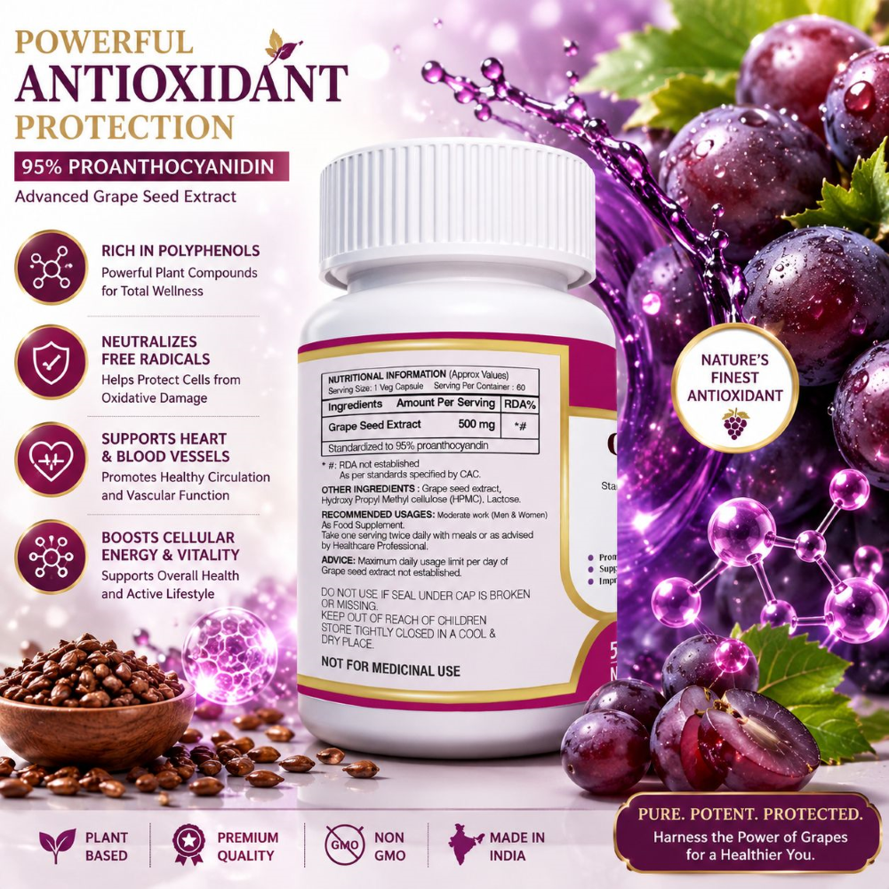 Anjix Grape Seed Extract 500 mg Vegetarian Capsules | Powerful OPC Antioxidant for Heart & Skin Health