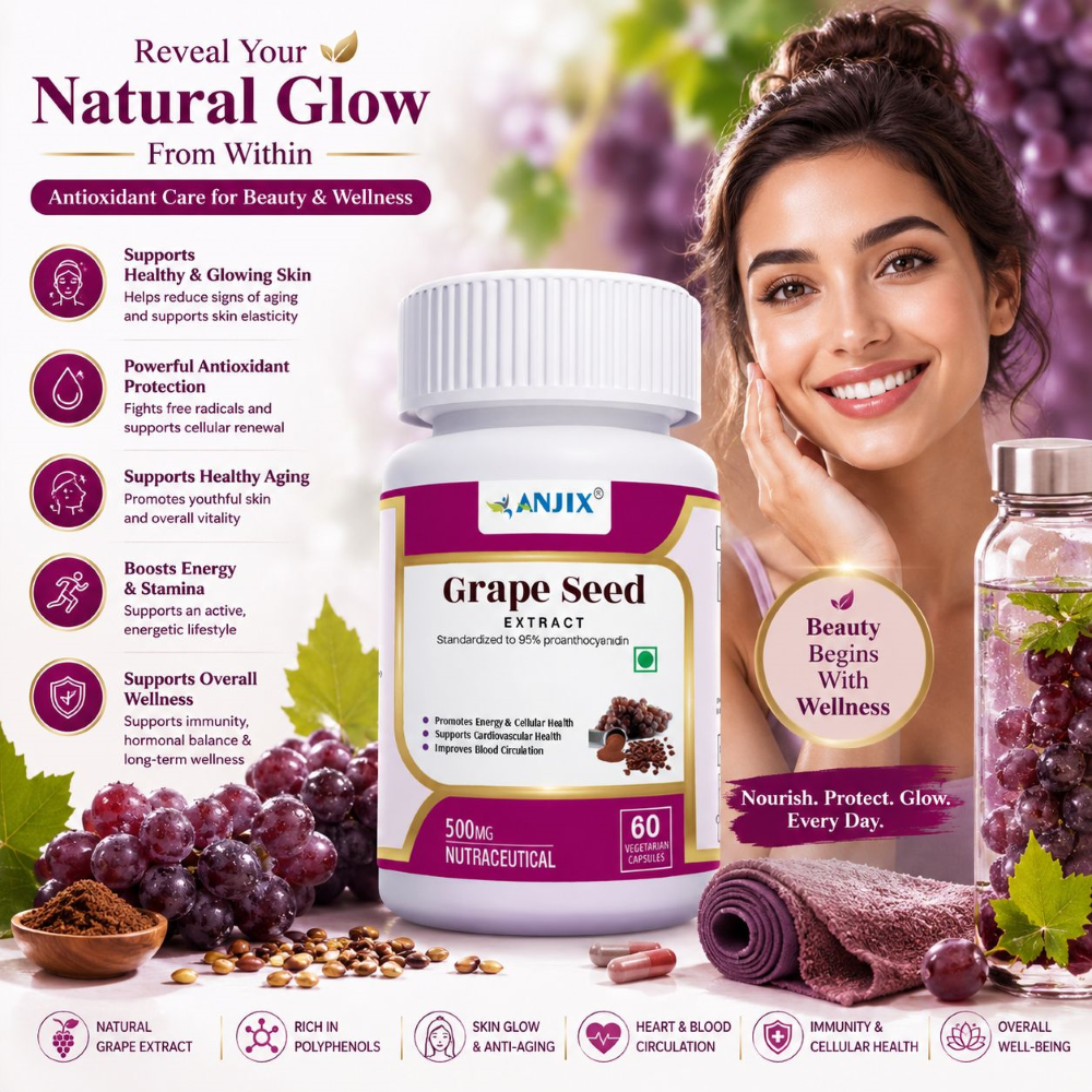 Anjix Grape Seed Extract 500 mg Vegetarian Capsules | Powerful OPC Antioxidant for Heart & Skin Health