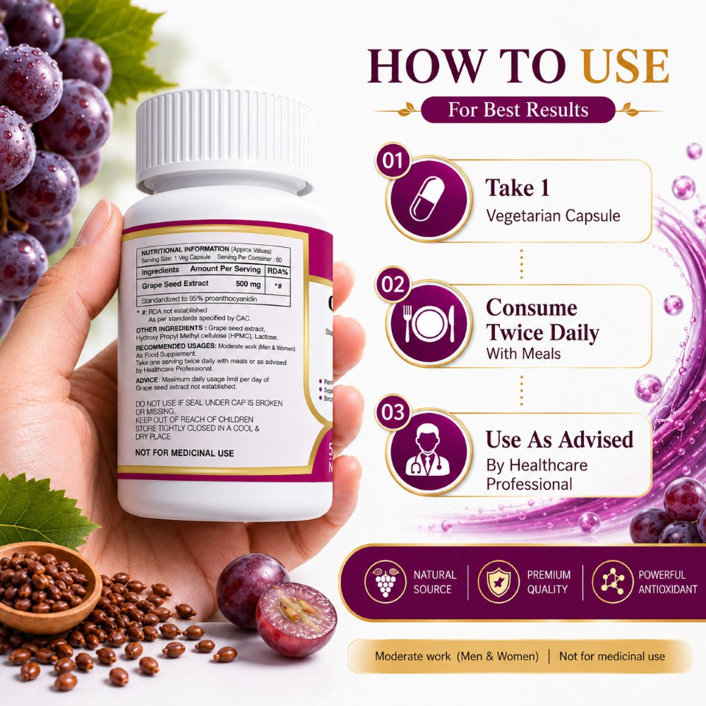 Anjix Grape Seed Extract 500 mg Vegetarian Capsules | Powerful OPC Antioxidant for Heart & Skin Health