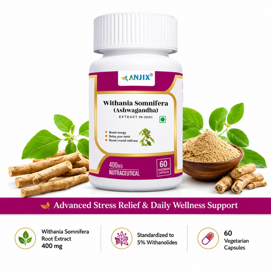 Anjix Ashwagandha 400 mg | 5% Withanolides | Veg Capsules | Stress Relief, Energy & Immunity