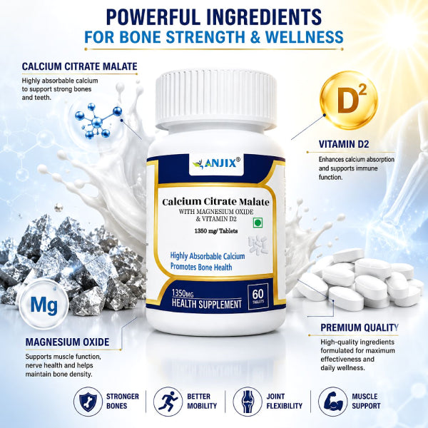 Anjix Calcium Citrate Malate 1250mg + Magnesium + Vitamin D2 | Bone & Joint Support | 60 Tablets