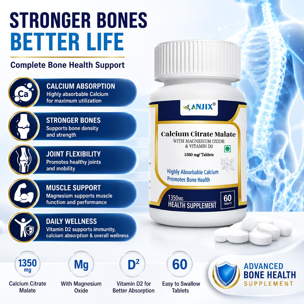 Anjix Calcium Citrate Malate 1250mg + Magnesium + Vitamin D2 | Bone & Joint Support | 60 Tablets