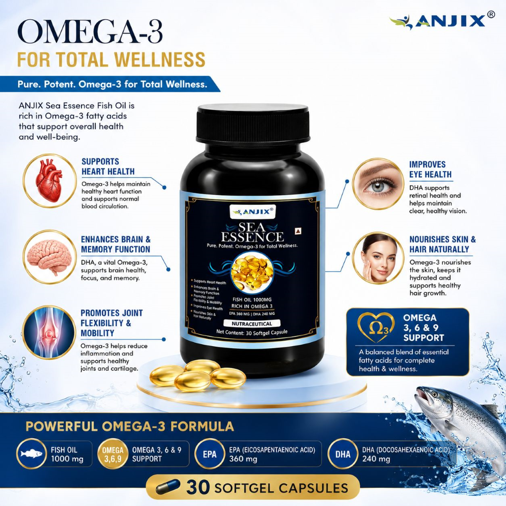 Anjix Fish Oil 1000mg | EPA 360mg & DHA 240mg | Omega-3 for Heart, Brain & Joints | 30 Softgels