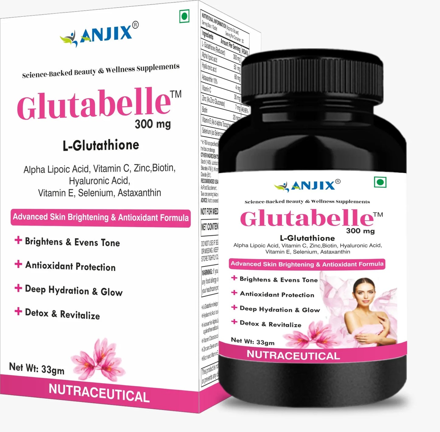 Anjix Glutabelle | L-Glutathione 300mg Complex Tablets | Skin & Antioxidant Support